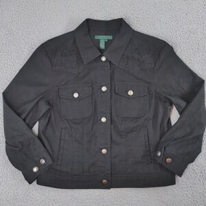 Lauren Ralph Lauren Shirt Jacket Womens Medium Black Linen Eyelet Trim Lacey